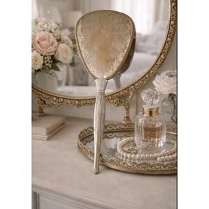 Vintage Antique Victorian Floral Hand MCM Mirror Gold Brass Silver Toned 14”x 5